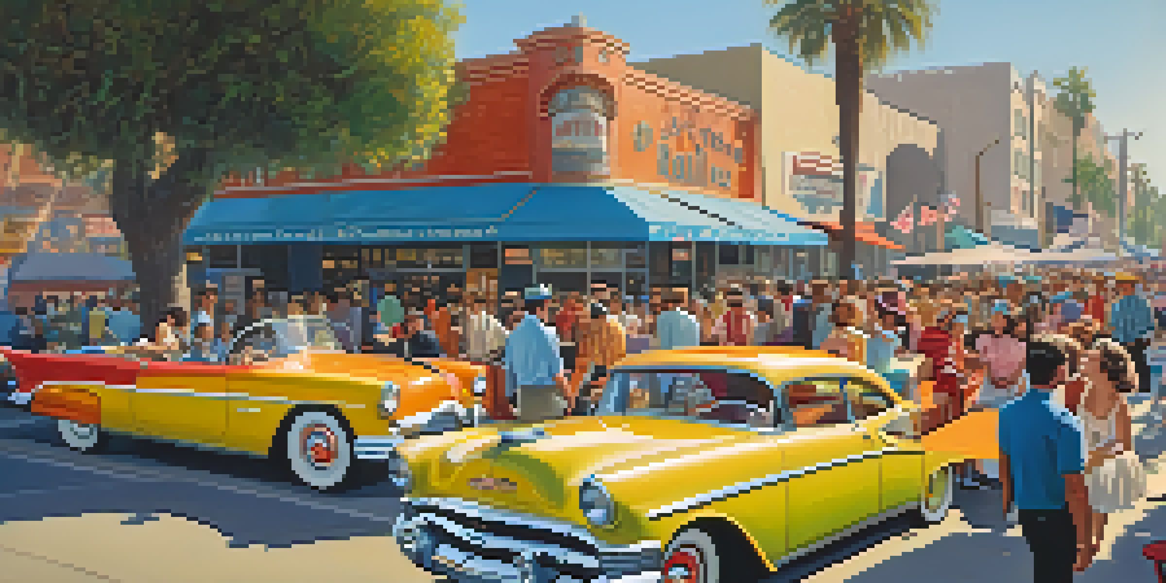 A lively street scene in 1950s Los Angeles with diverse groups of people enjoying live music and vintage cars.