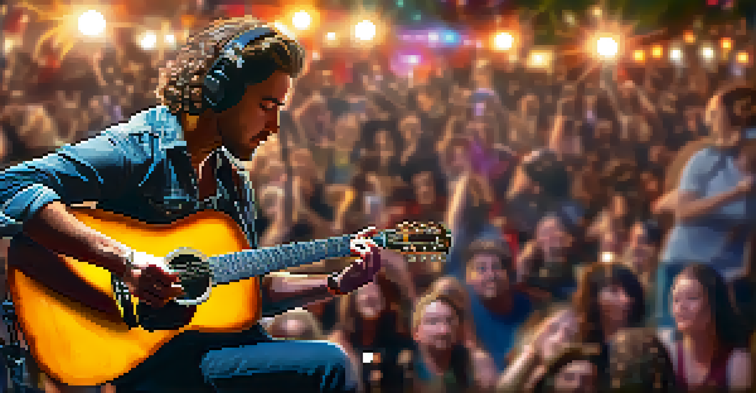 A musician playing acoustic guitar on stage at a music festival, with a blurred audience in the background, capturing the emotion of the performance.