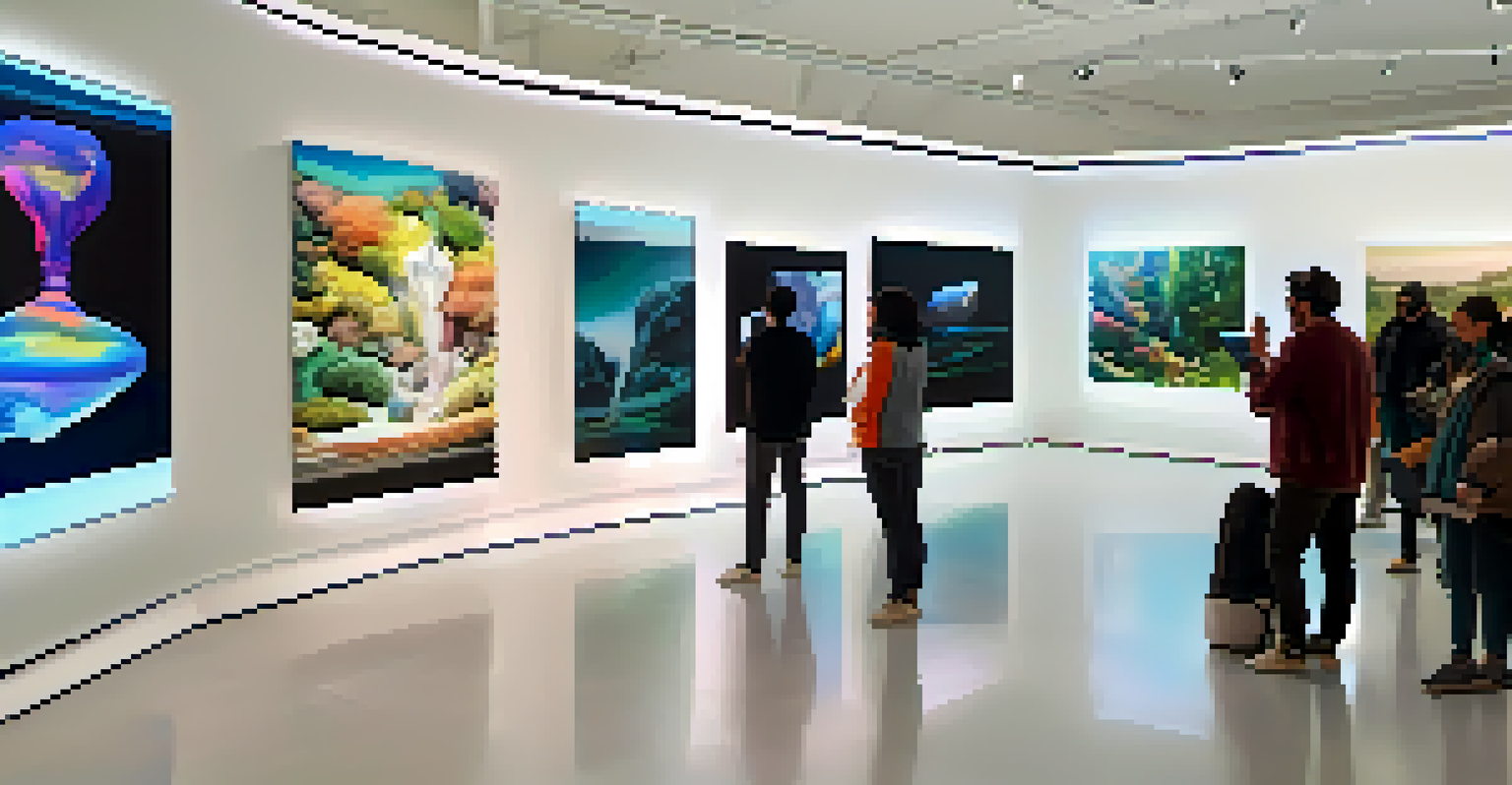A modern digital art exhibition with visitors interacting with virtual art pieces on large screens and using tablets and VR headsets in a brightly lit gallery.