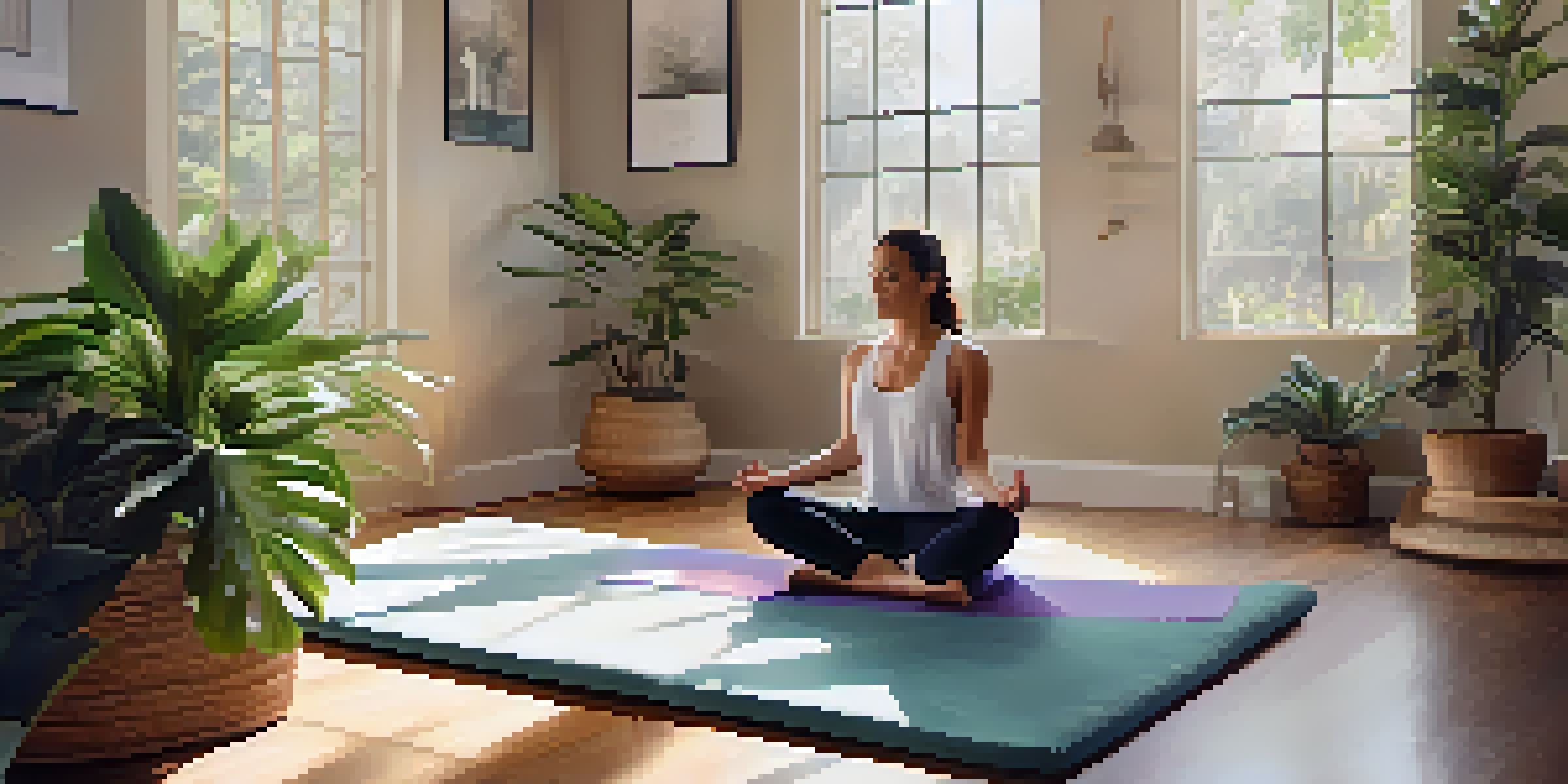 A peaceful meditation room with natural light, plants, and a person practicing mindfulness on a yoga mat.