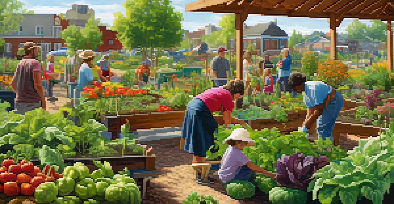A bustling community garden with people planting and harvesting vegetables, representing a strong sense of community and vibrant connection to nature.