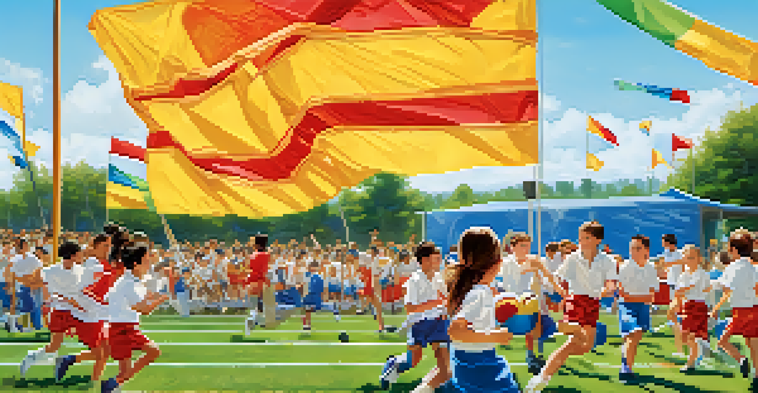 Students participating in a sports day event at a public school, with cheering parents and colorful banners.