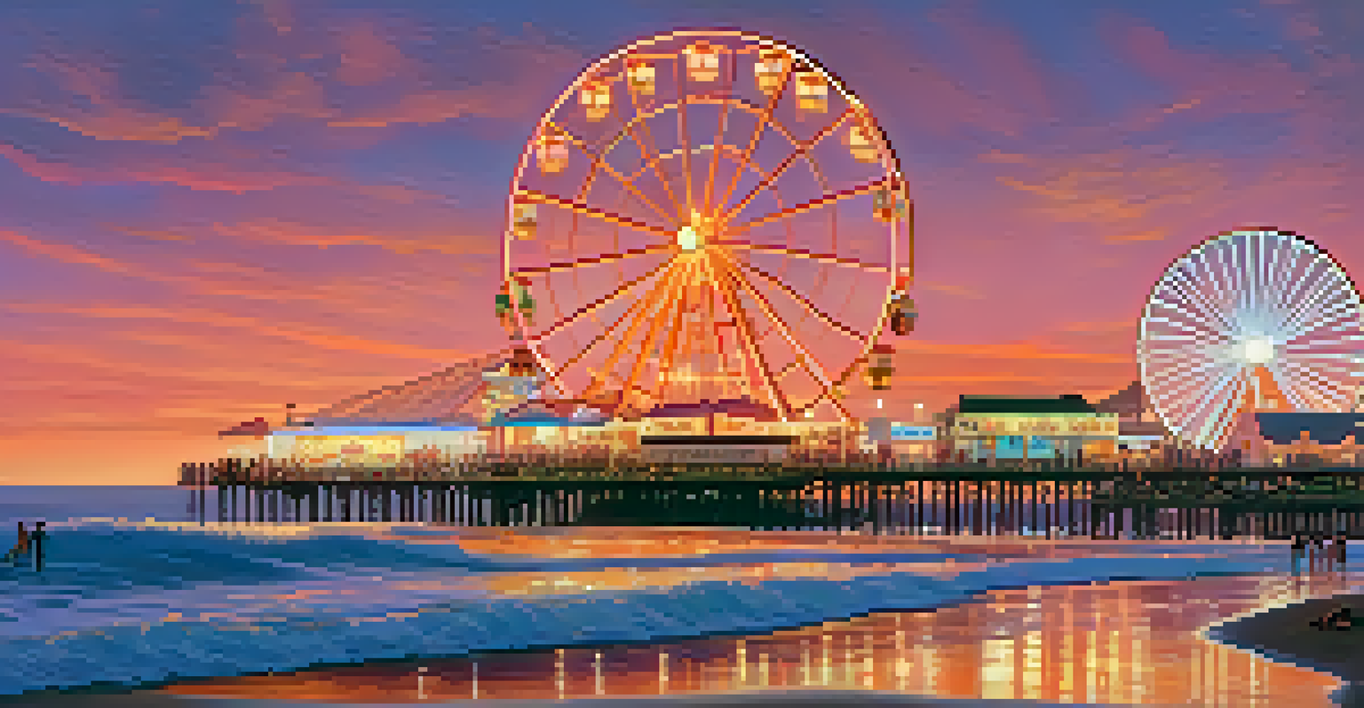 Santa Monica Pier at sunset with a lit Ferris wheel and people enjoying the beach.