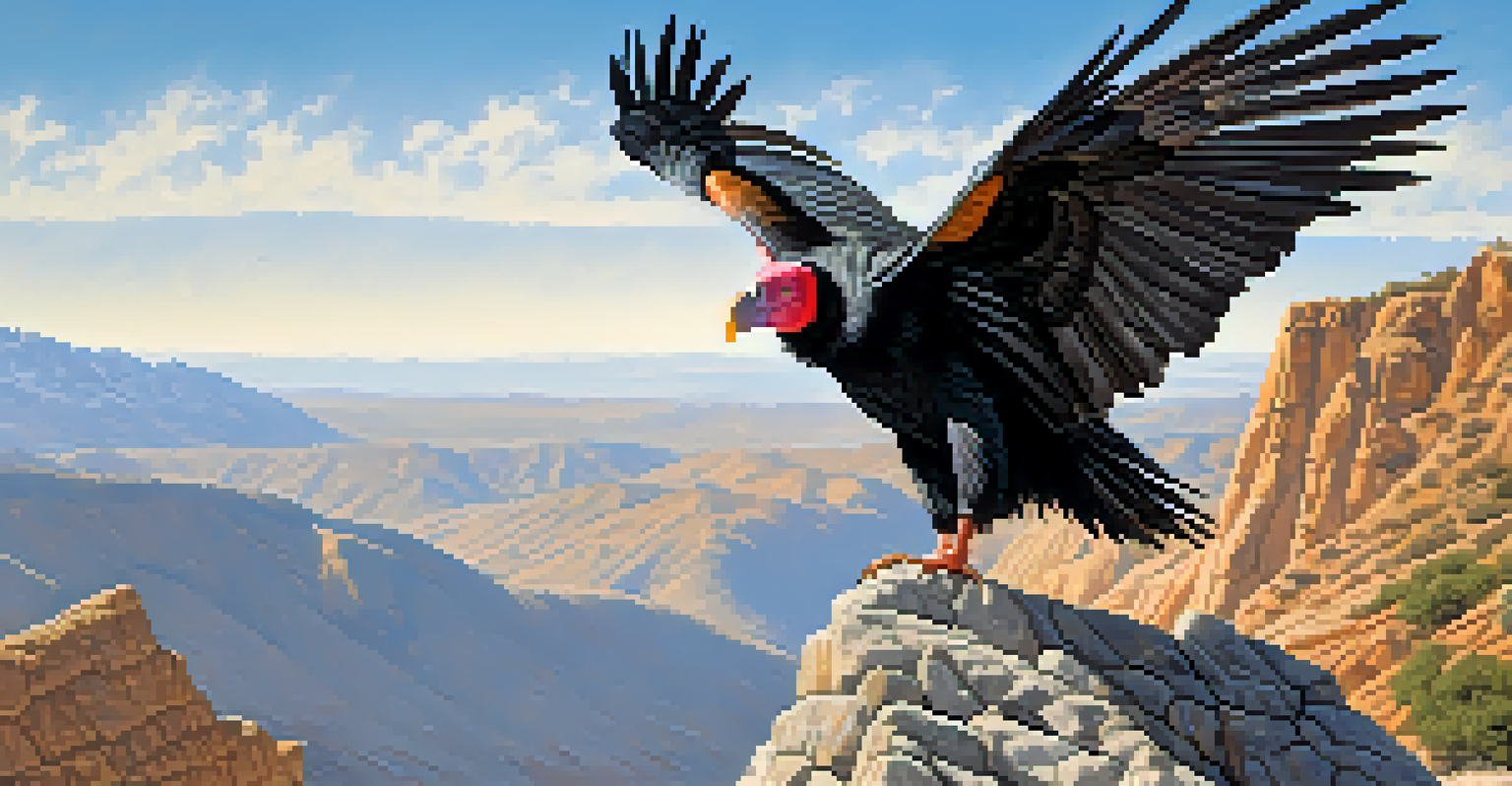 A California condor with spread wings, perched on a rock against a backdrop of mountains and blue sky.