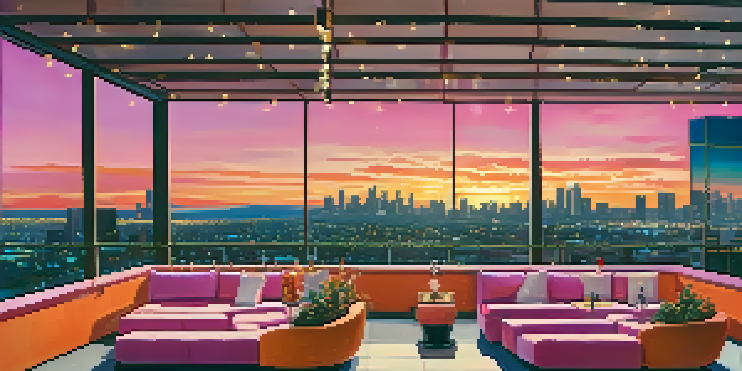 A vibrant sunset over the Downtown LA skyline from a rooftop bar, with stylish seating and colorful cocktails.
