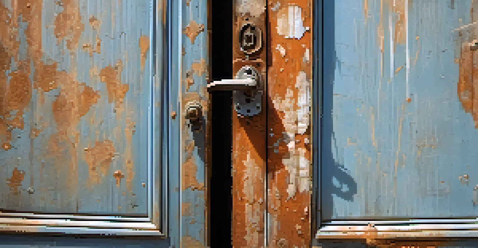 A close-up shot of peeling paint on a weathered door in an abandoned factory.