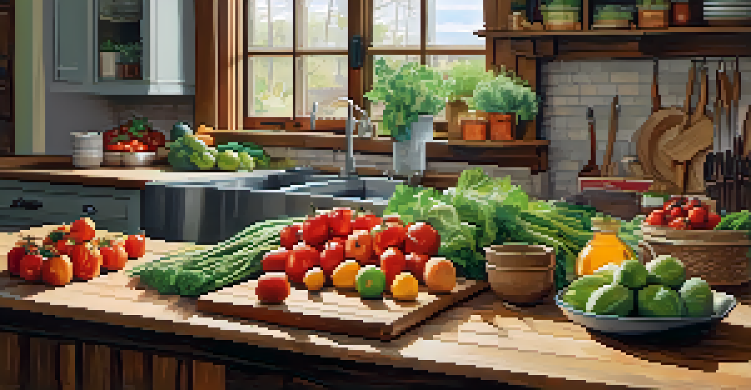 A cozy kitchen with a CSA box full of fresh fruits and vegetables, an open cookbook, and cooking utensils on the countertop.