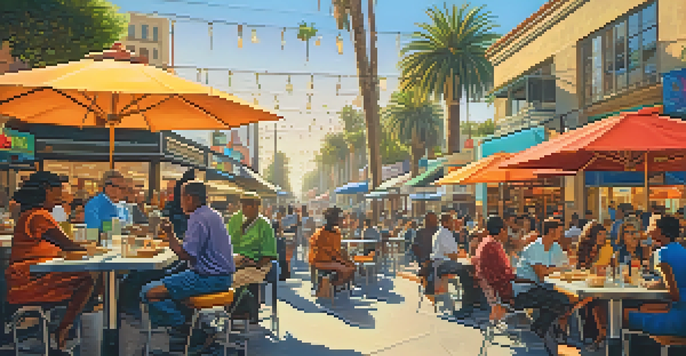 A lively outdoor cafe in Los Angeles with diverse people dining under colorful umbrellas, palm trees in the background, and a digital billboard.