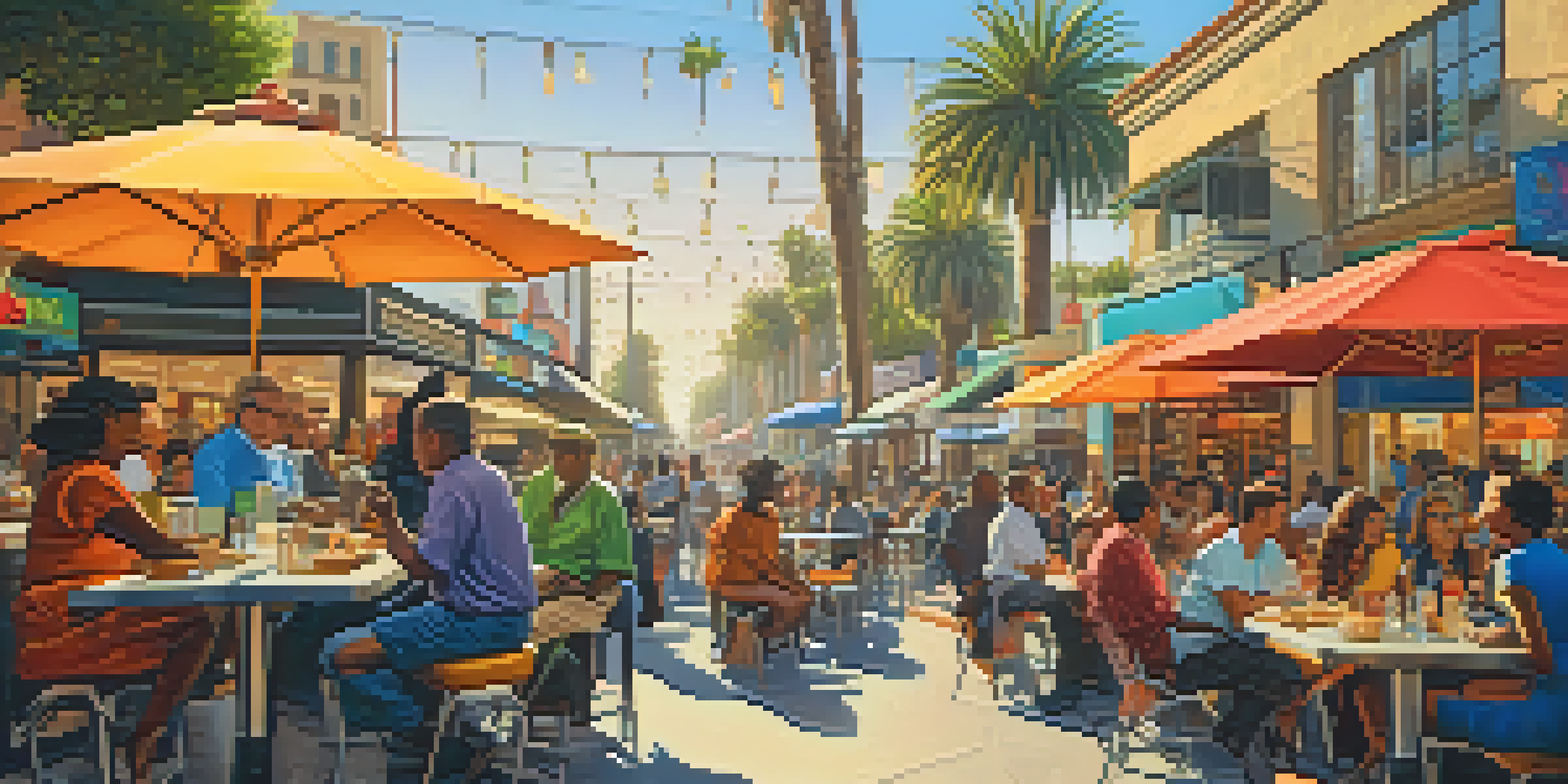 A lively outdoor cafe in Los Angeles with diverse people dining under colorful umbrellas, palm trees in the background, and a digital billboard.