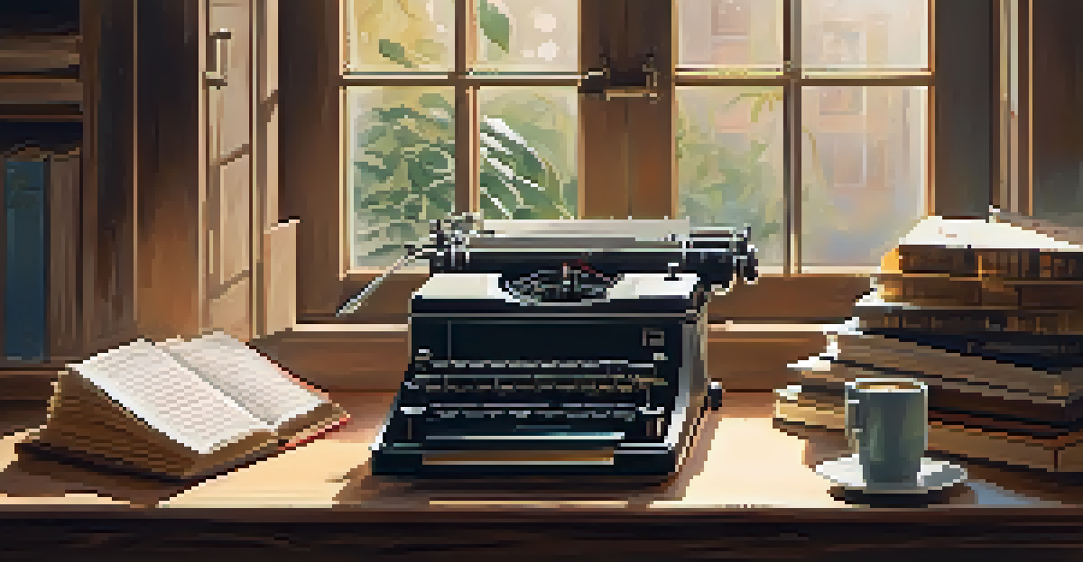 A vintage typewriter on a desk with handwritten notes and a steaming cup of coffee, bathed in soft morning light with books in the background.