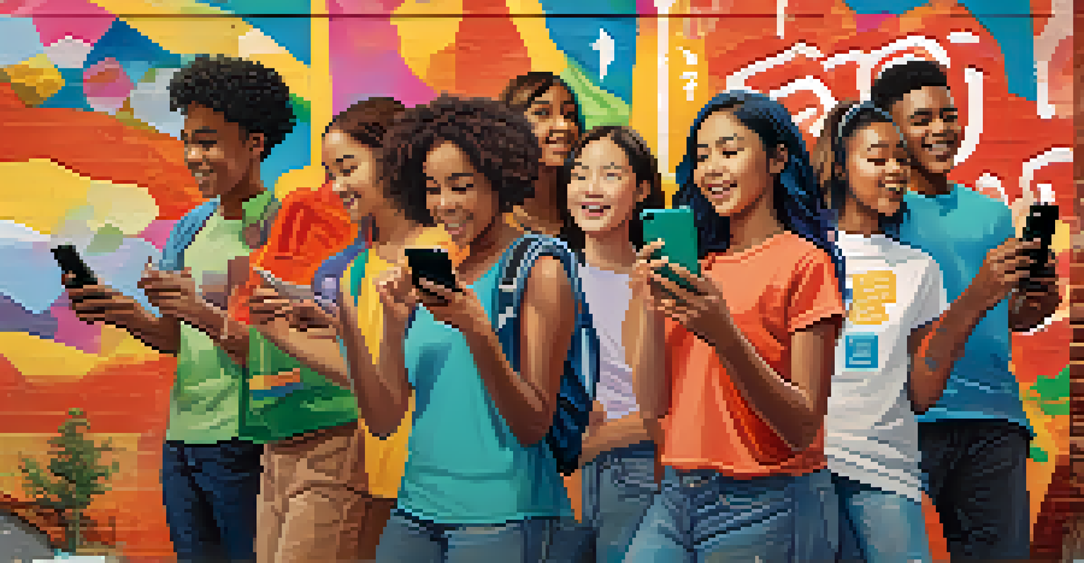 Young individuals engaged in a vibrant social media campaign, creating posters and using smartphones against a colorful mural promoting safety.