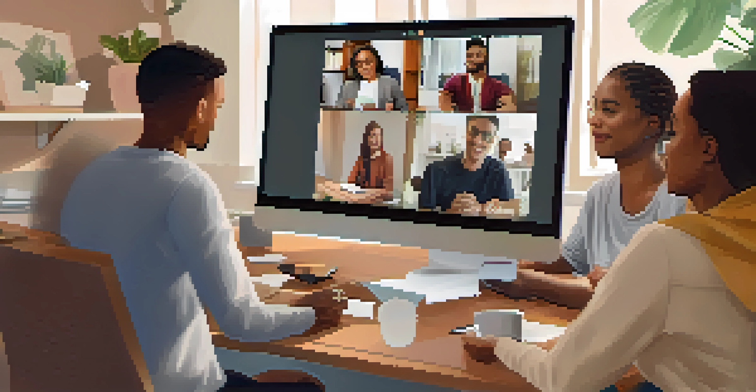 A computer screen showing a virtual support group session with diverse participants engaged in a discussion in a cozy home office setting.