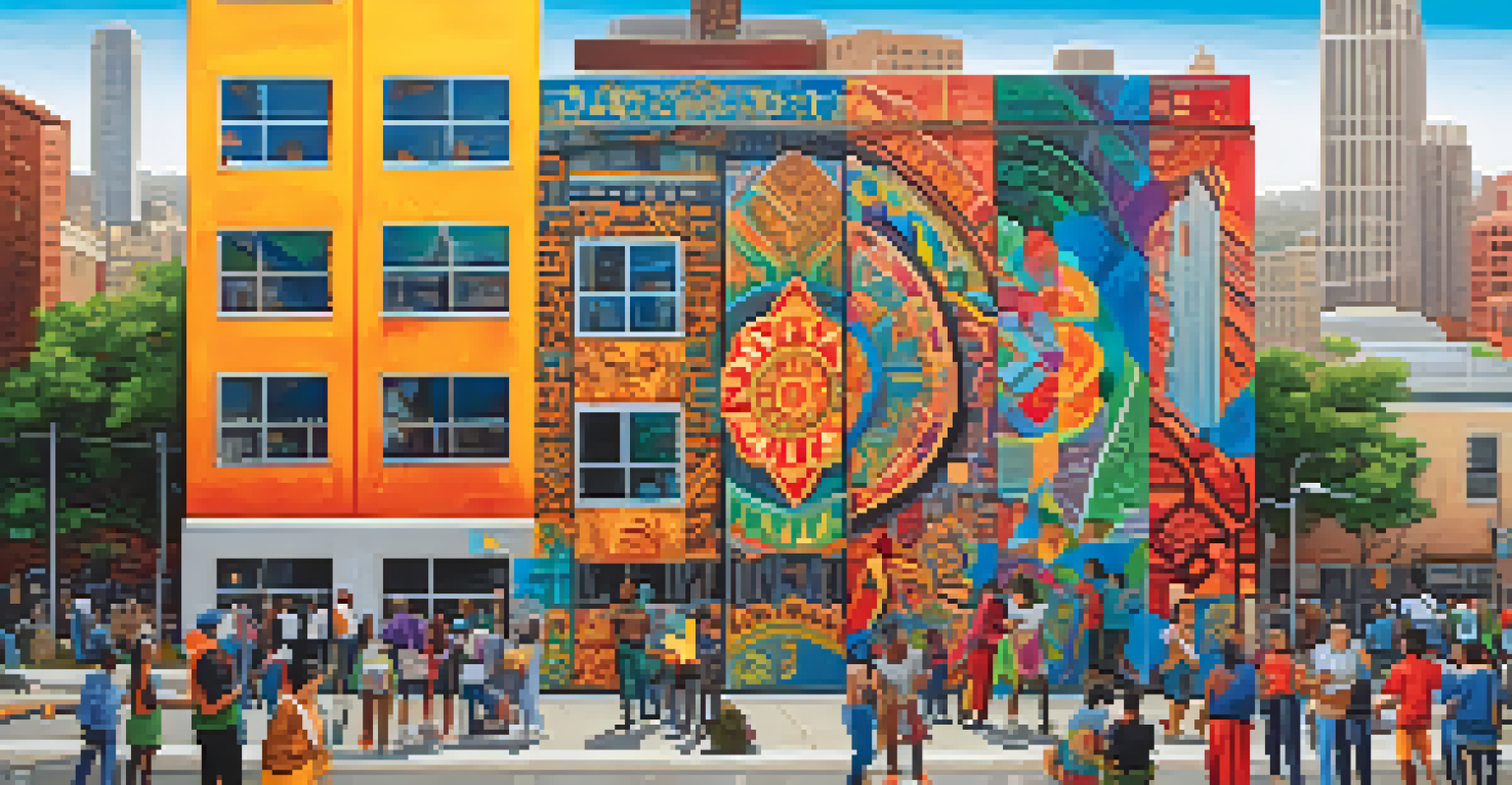 Artists from various cultures painting a vibrant mural together, with colorful designs and a city skyline in the background.