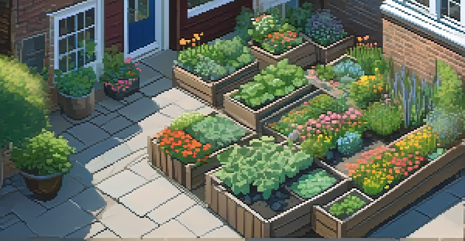 An overhead view of a small urban garden with raised beds of greens and flowers, stone pathways, and a watering can under soft morning light.