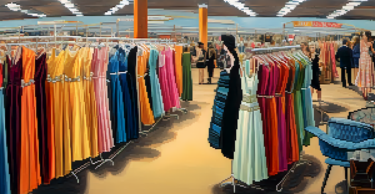 Attendees browsing through colorful vintage clothing racks at the Los Angeles Vintage Fashion Expo.