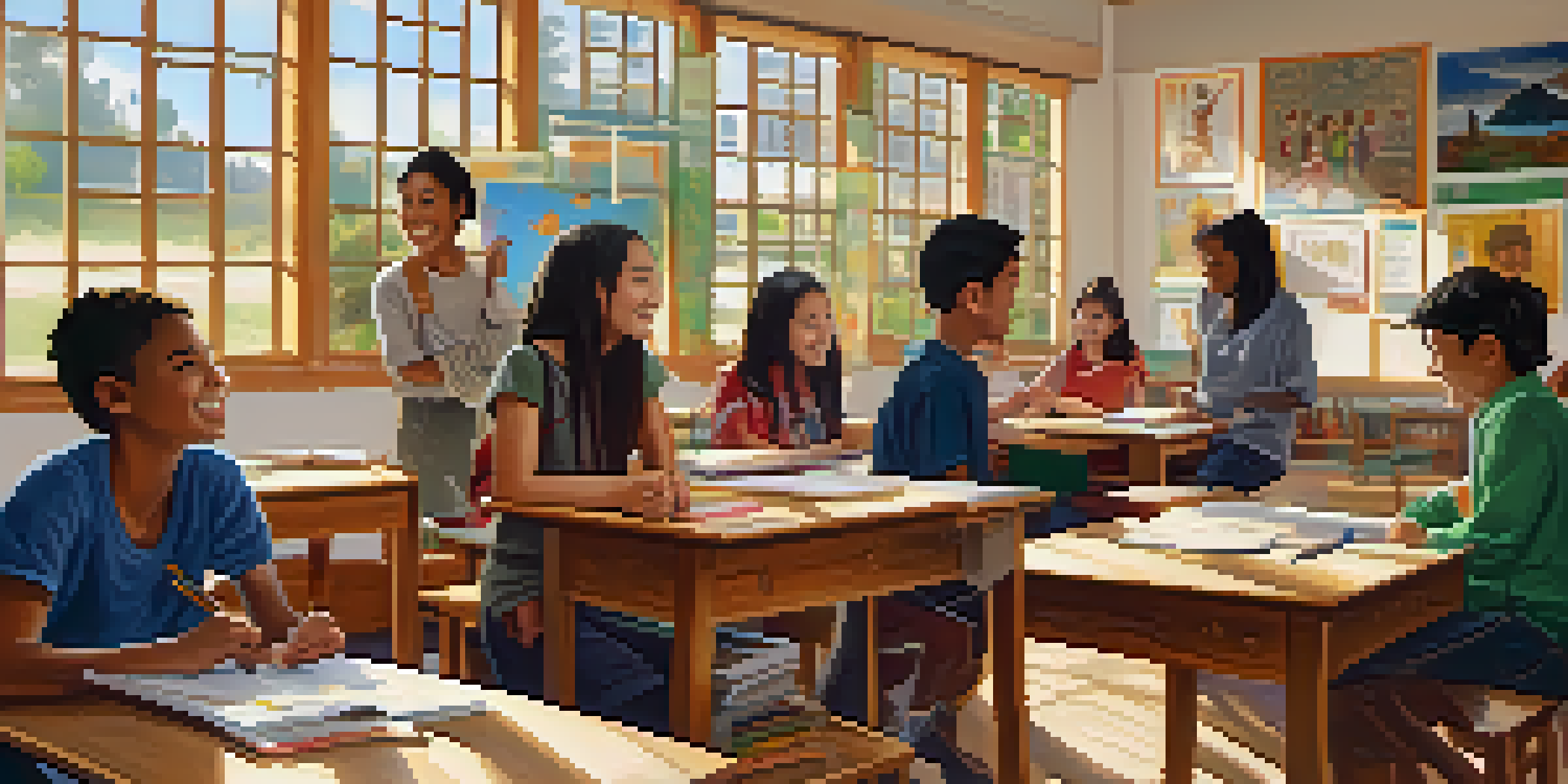 A colorful classroom with diverse students participating in a language exchange, surrounded by cultural artifacts and bright sunlight.