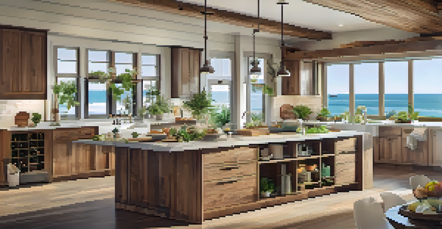 A modern kitchen with reclaimed wood cabinetry, natural stone countertops, and large windows, filled with soft light and beach-inspired decor.