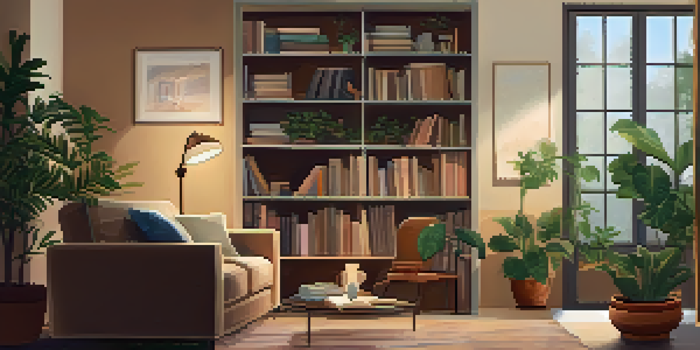 A person participating in a teletherapy session in a cozy living room, surrounded by books and a plant, with warm lighting.