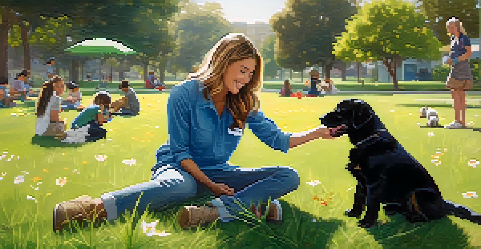 A volunteer enjoying time with a puppy in a sunny park, surrounded by nature and other volunteers.