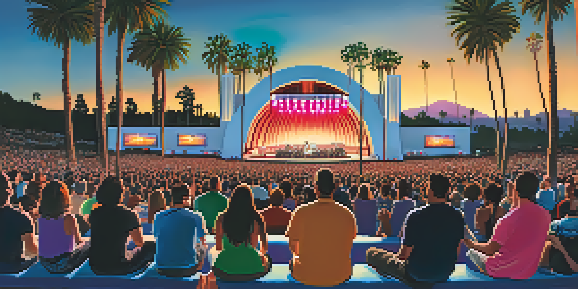 A lively outdoor concert at the Hollywood Bowl with a diverse crowd enjoying music against a sunset backdrop and the LA skyline.