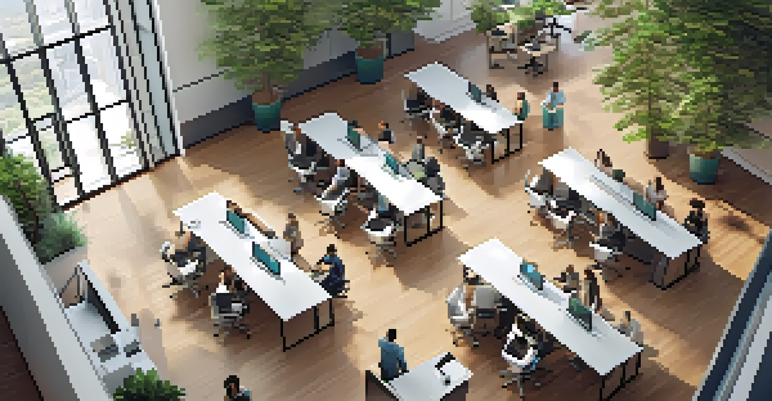 An overhead view of a modern tech workspace with open desks, plants, and diverse professionals collaborating in a bright environment.
