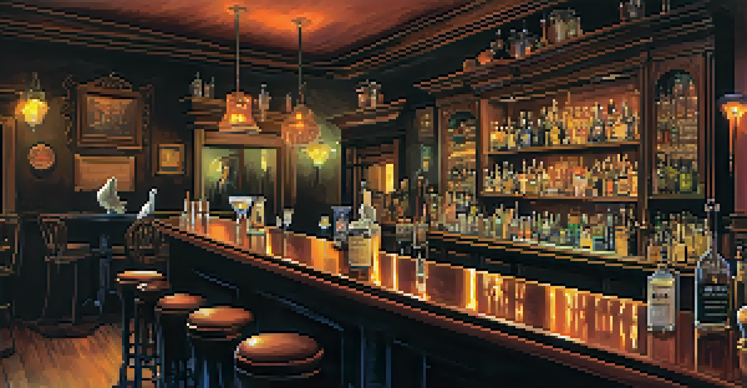A dimly lit haunted bar with spooky decor and patrons enjoying ghostly cocktails and storytelling.