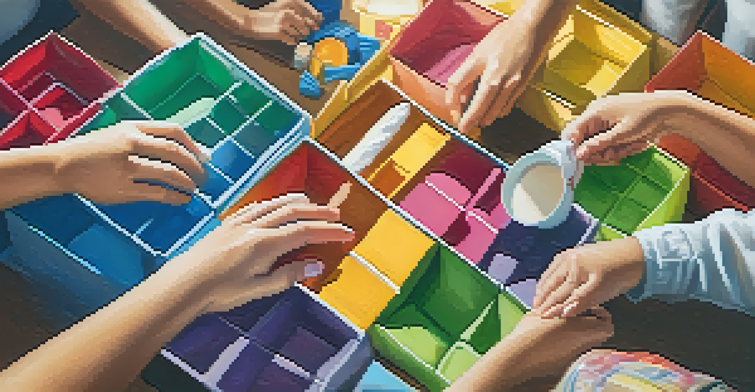 Close-up of diverse hands assembling care packages for underprivileged communities, with colorful boxes and essential items.