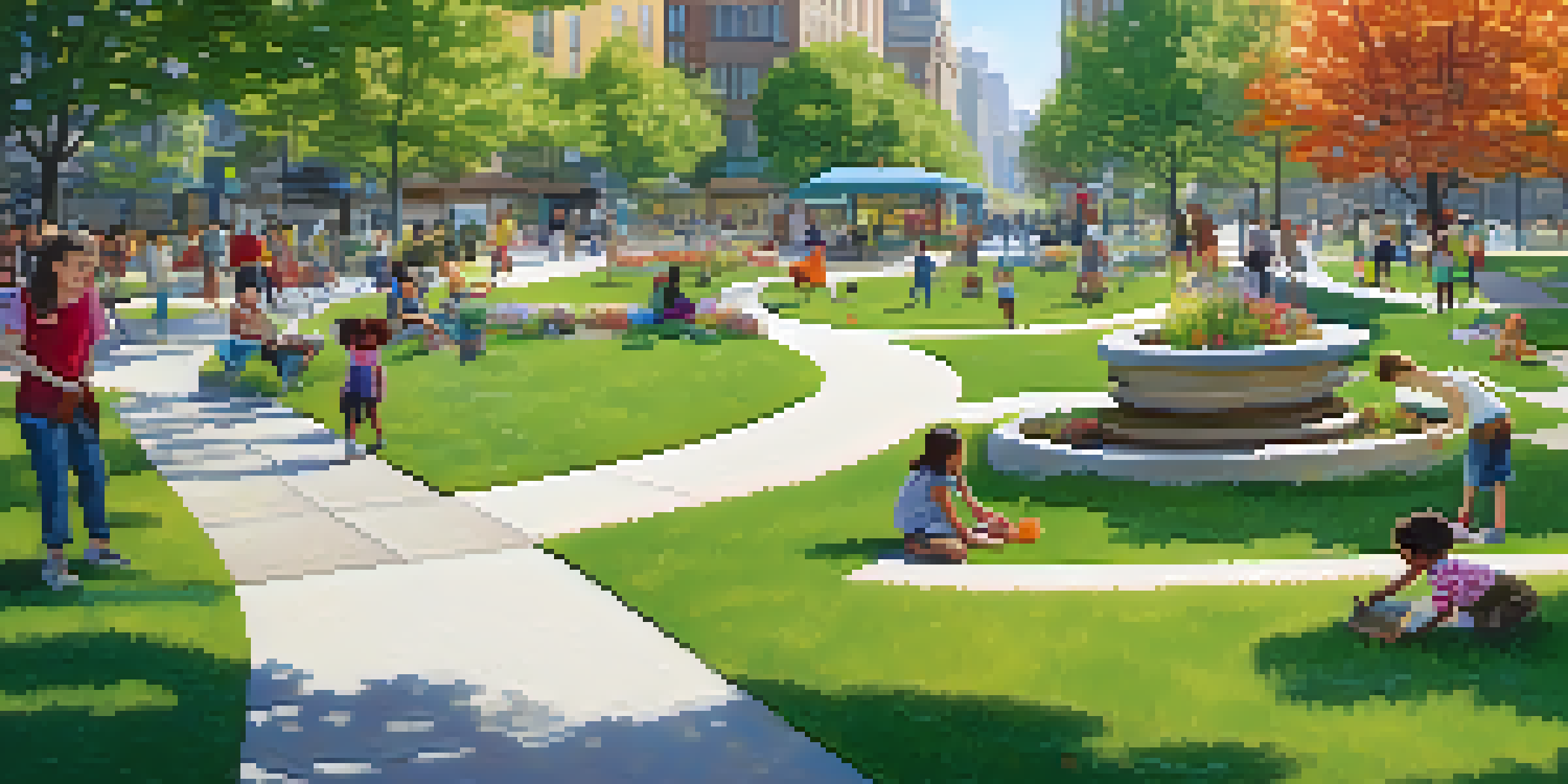 A lively urban park with people gardening, surrounded by greenery and modern buildings, under a sunny sky.