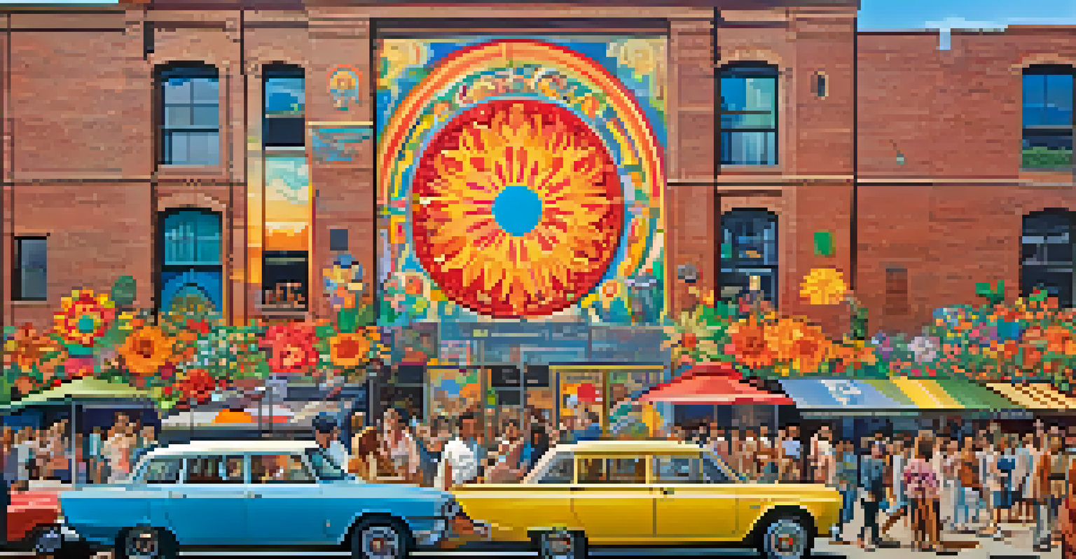A vibrant mural representing the Summer of Love with flowers and peace symbols, alongside an outdoor market filled with people enjoying arts and crafts.