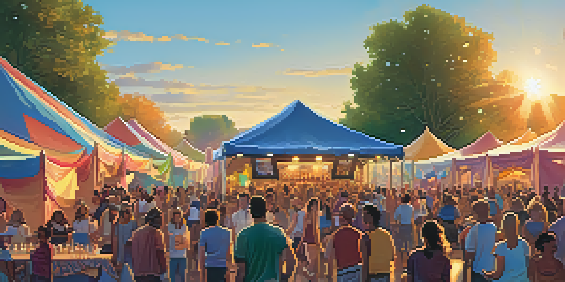 A lively outdoor music festival with a diverse crowd enjoying performances under a colorful sunset.