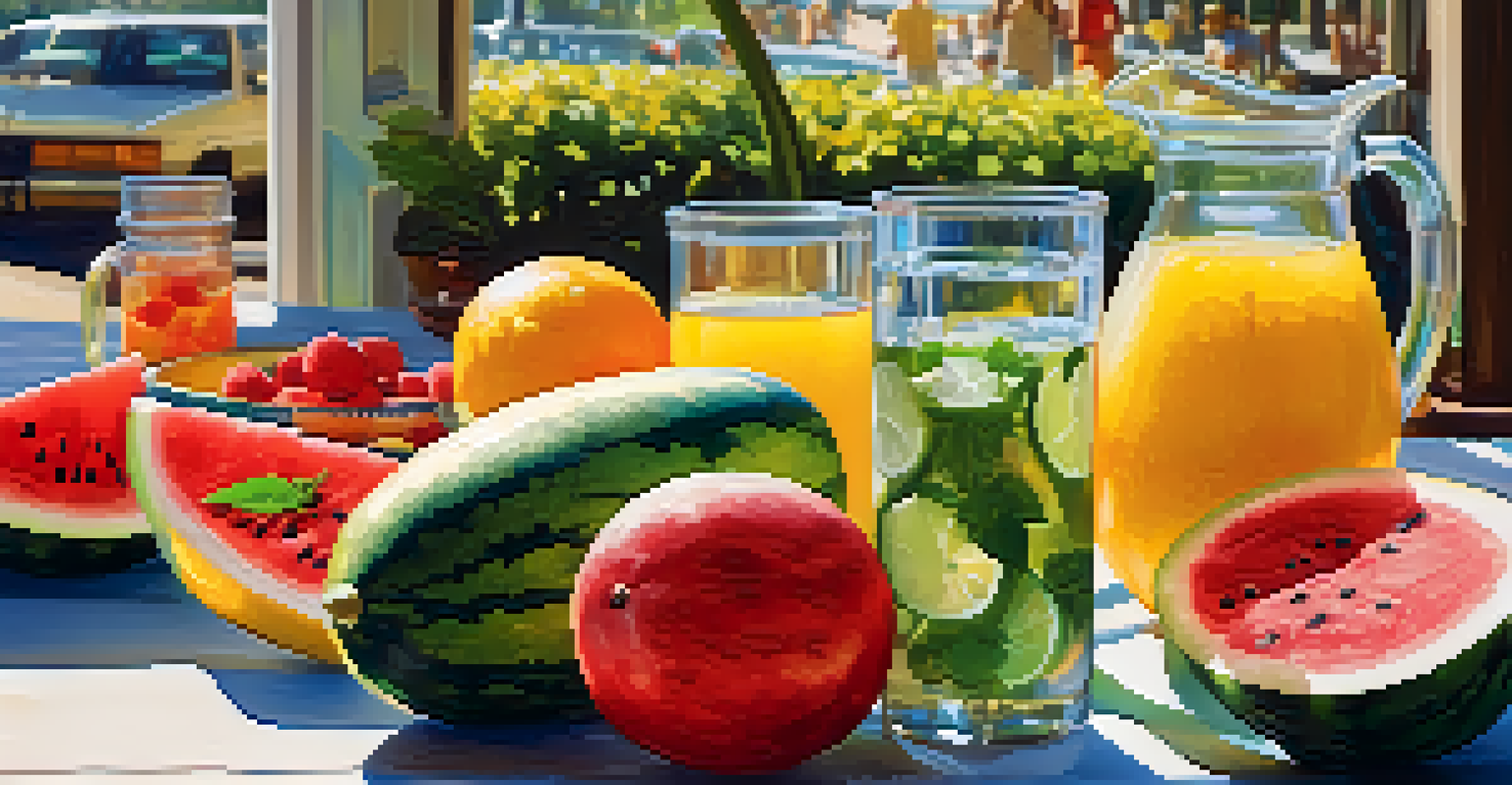 A table with hydration essentials including fruits and infused water during a community gathering.