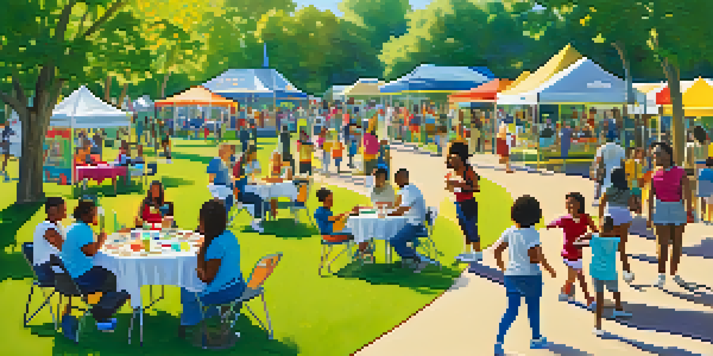 A lively community health fair with people of different backgrounds participating in health education activities under sunlight in a park.