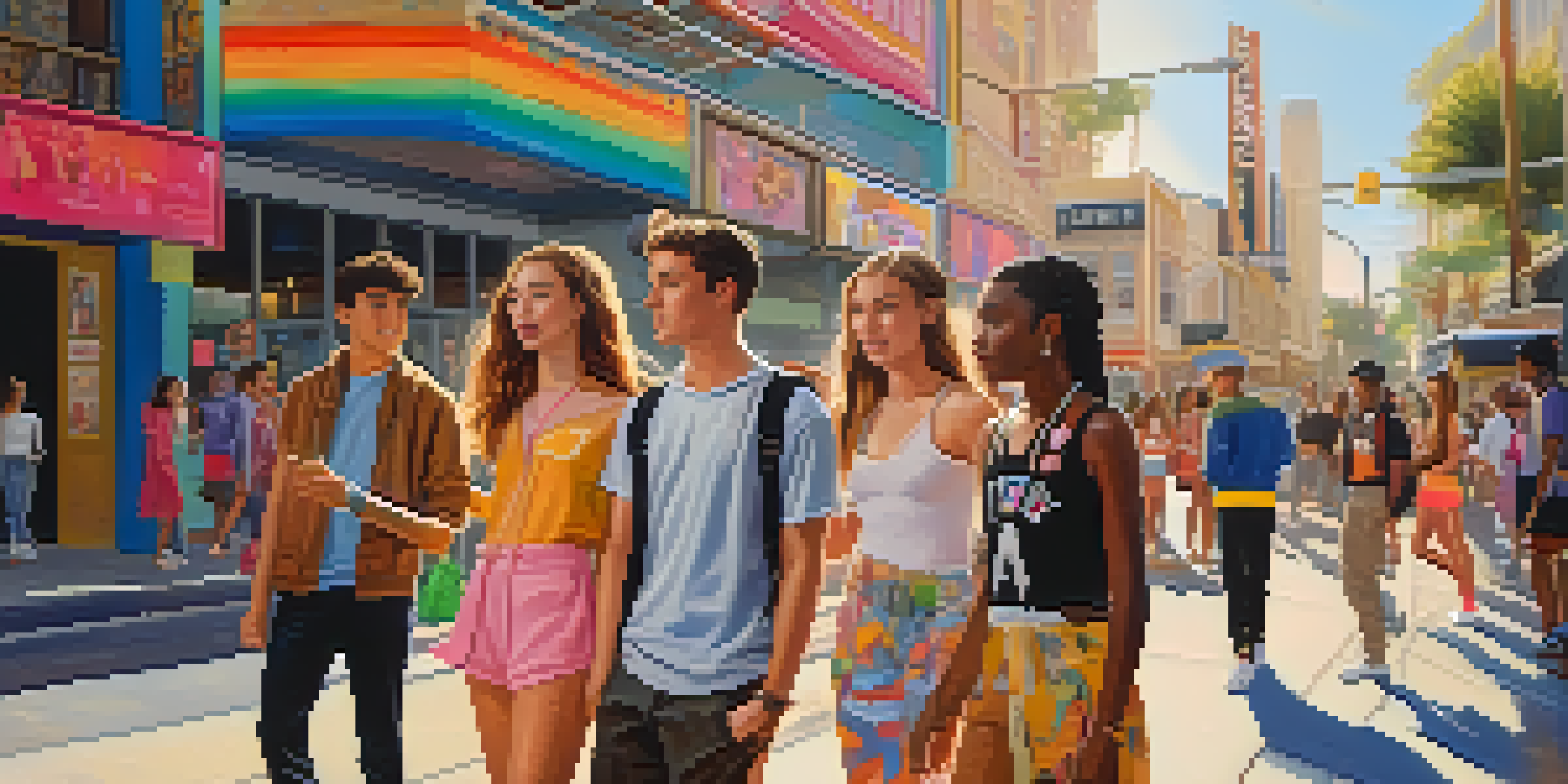 A lively street scene with diverse young people wearing trendy outfits inspired by Hollywood, surrounded by colorful movie posters and digital screens.