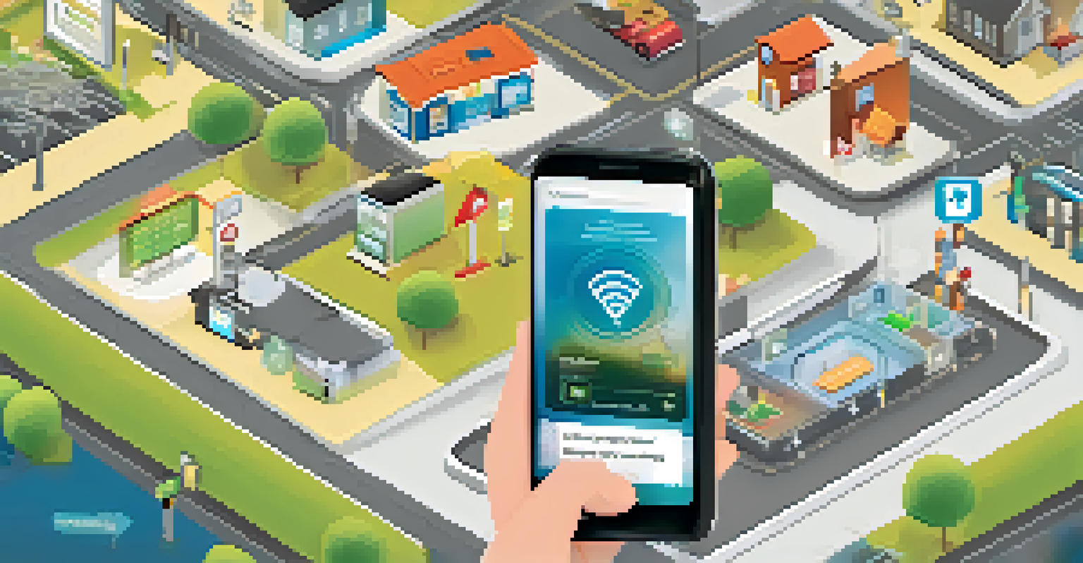 A smartphone displaying a safety app interface with alerts and a map, with a blurred image of a community gathering in the background.
