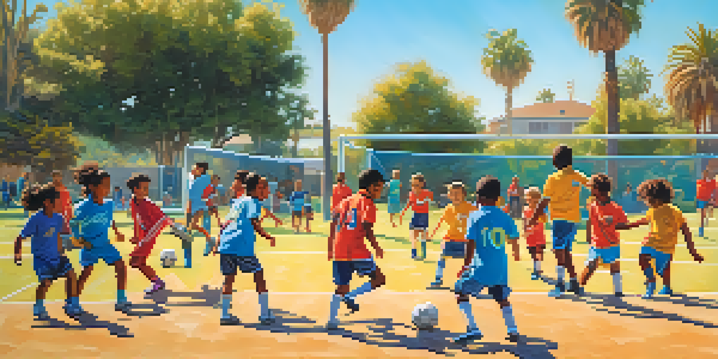 A sunny soccer field in Los Angeles with children from diverse backgrounds playing together, surrounded by palm trees and a blue sky.