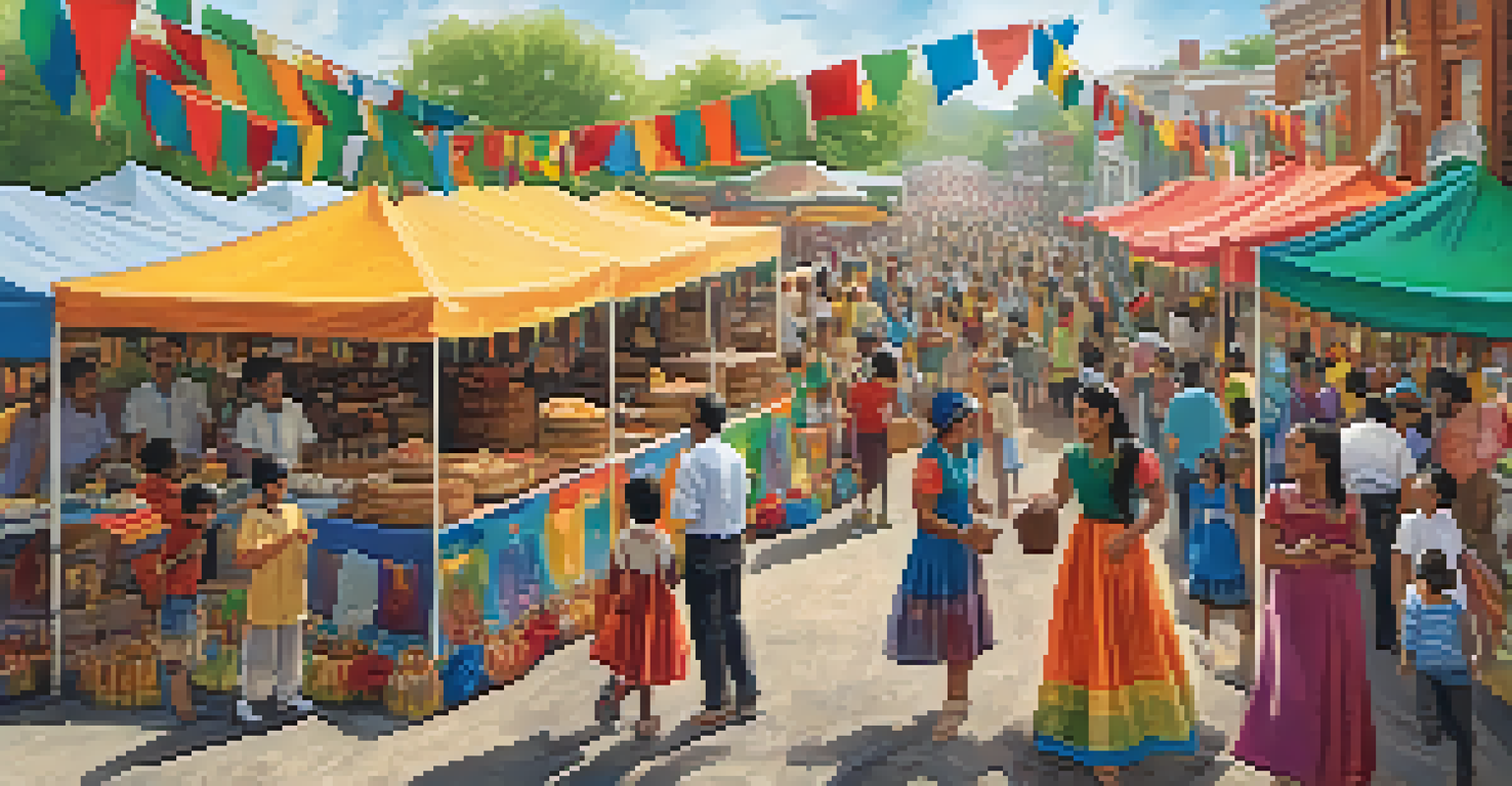 A vibrant outdoor cultural fair with families sharing food and artifacts, showcasing the celebration of diversity in a festive atmosphere.