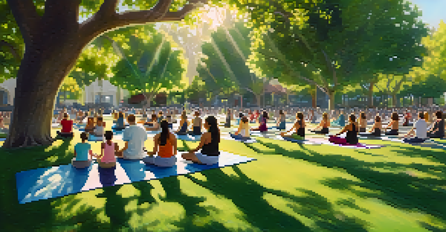 A diverse group of people practicing yoga in a green park, surrounded by trees and flowers, with sunlight filtering through the leaves.