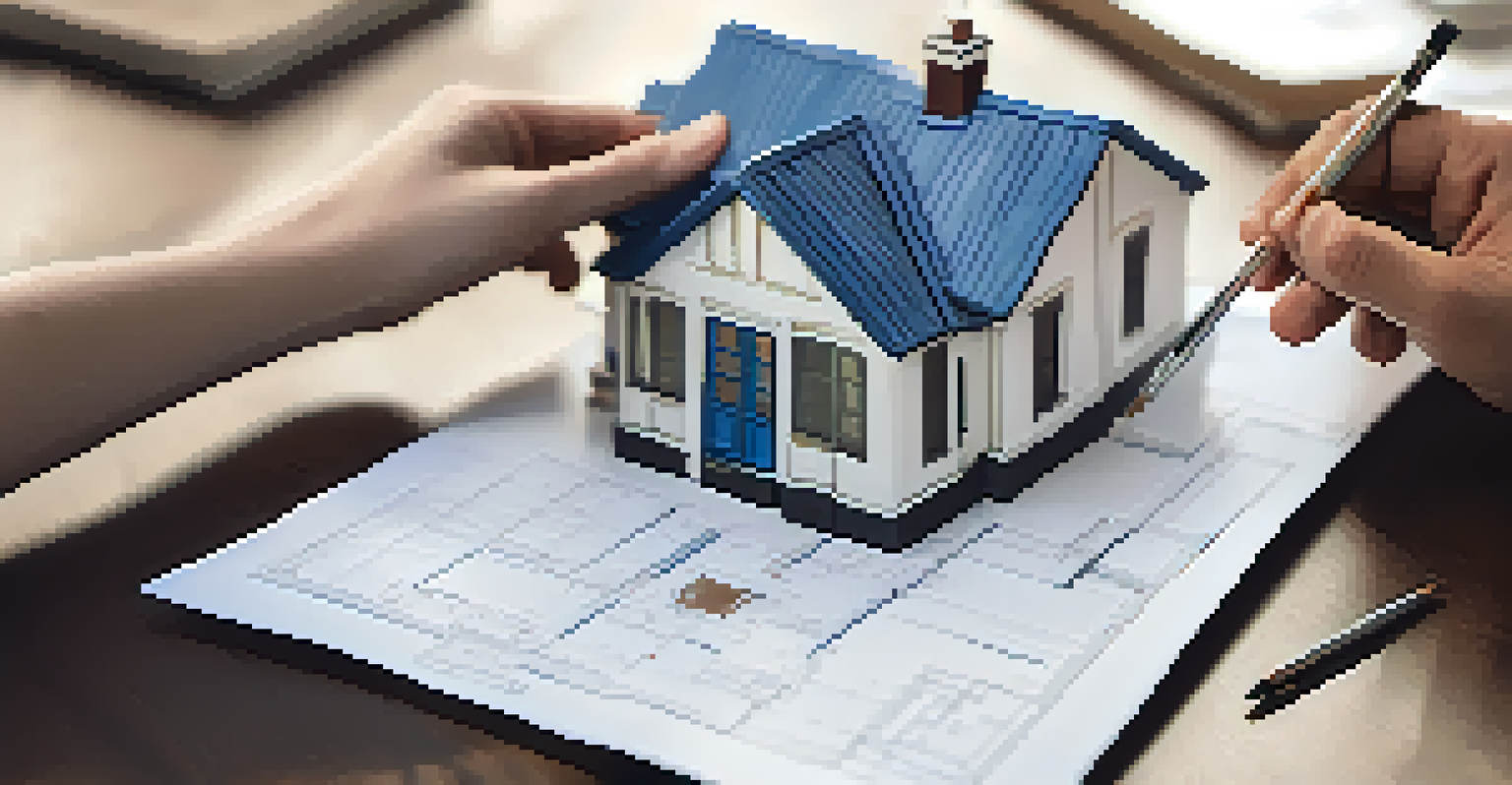 Hands holding a miniature house model in front of blueprints, symbolizing community involvement in affordable housing.