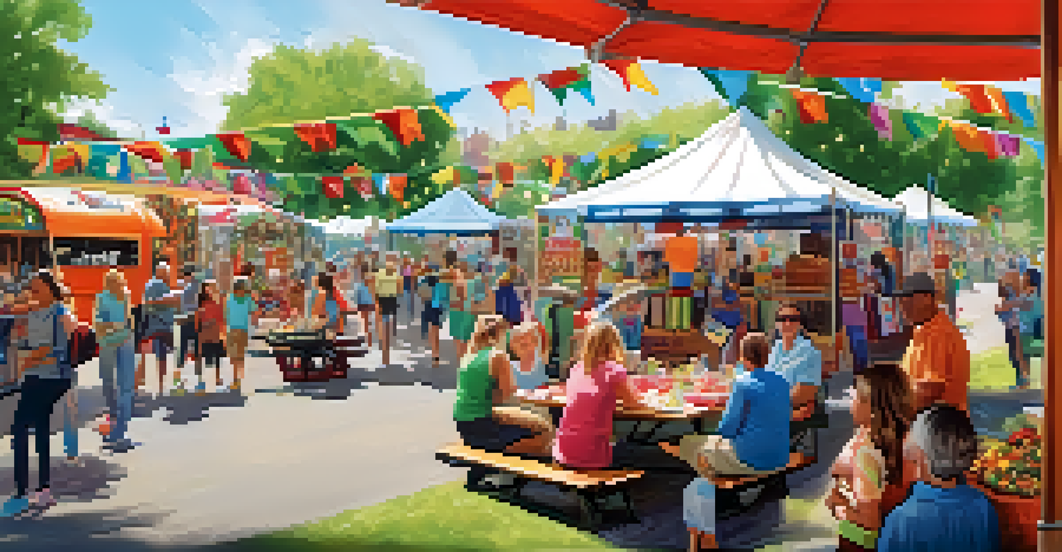 A park filled with families at a local fair, enjoying activities and food trucks, surrounded by colorful decorations.