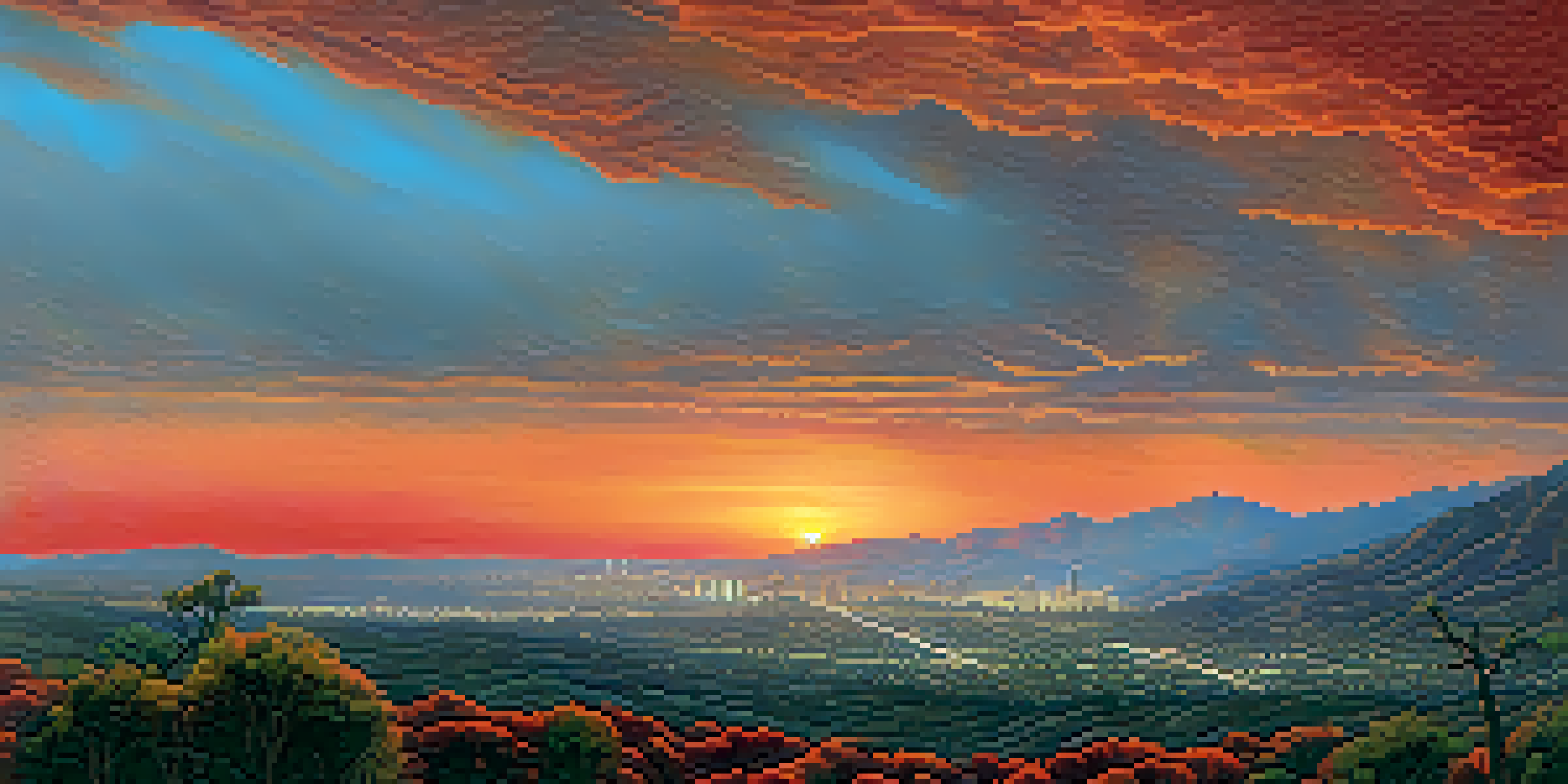 A panoramic view of a sunset over the Los Angeles landscape with wildfire smoke rising, highlighting dry hills and vegetation.