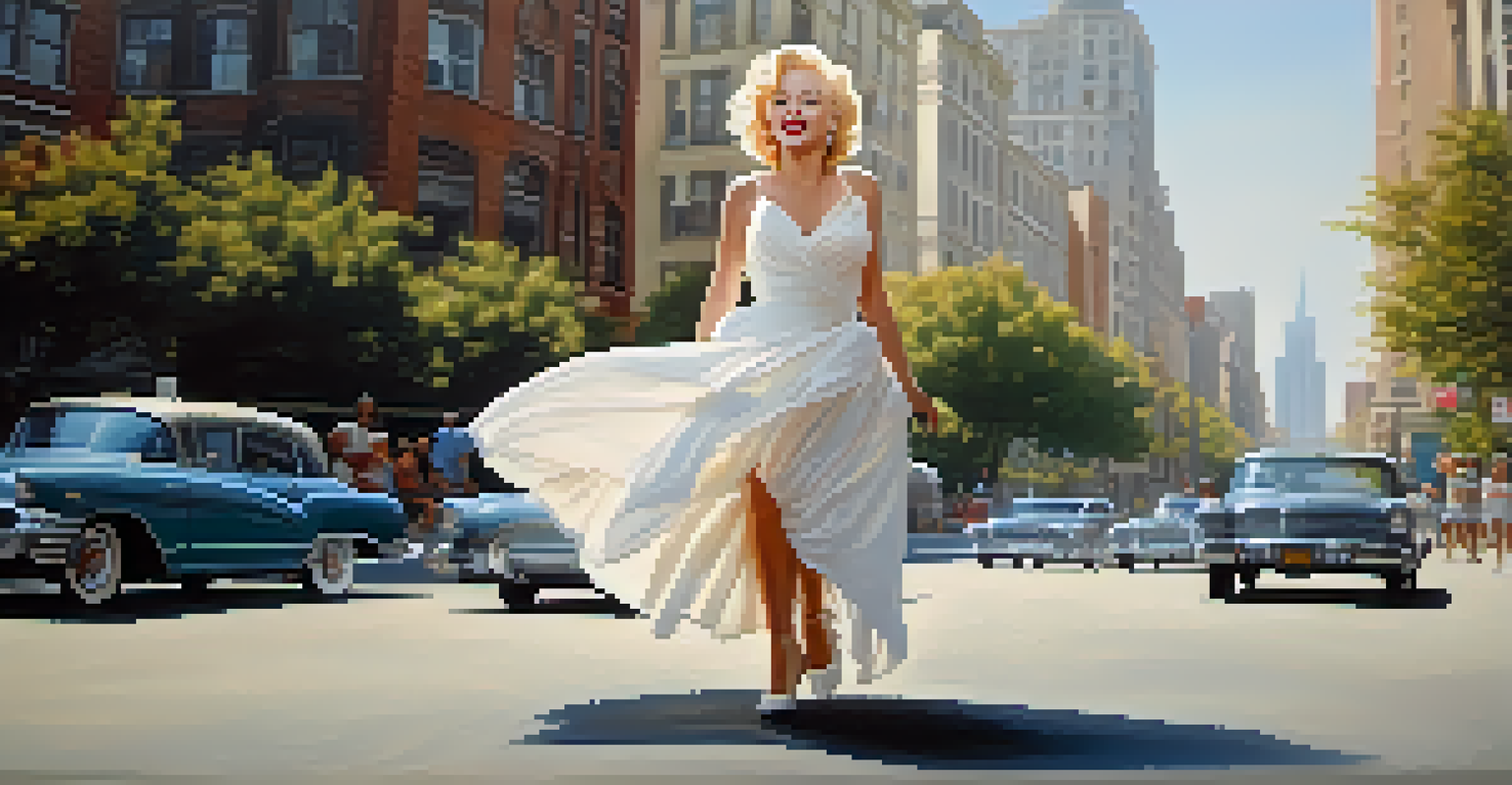 An artistic depiction of Marilyn Monroe's iconic white dress blowing in the wind, set against a city background with soft sunlight.