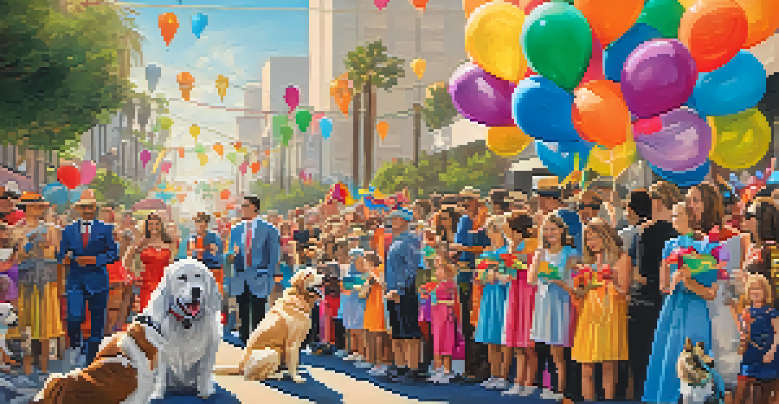 A festive pet parade in Los Angeles with dogs in costumes and cheerful spectators.