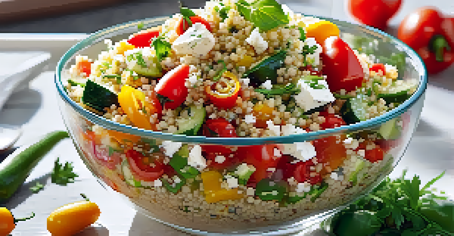 A clear glass bowl filled with quinoa salad, roasted vegetables, feta cheese, and parsley on a bright kitchen countertop.