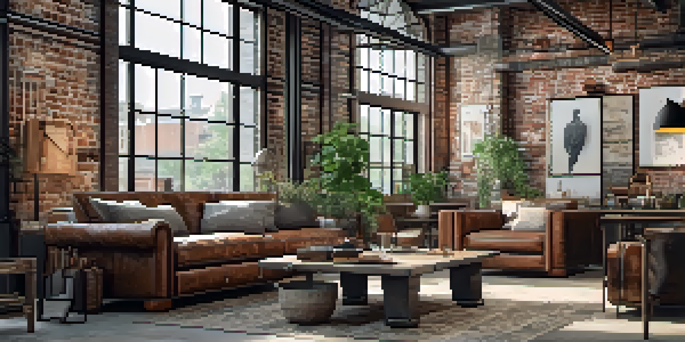 A cozy living room with exposed brick walls, high ceilings, vintage leather sofa, wooden coffee table, large windows, and hanging plants.