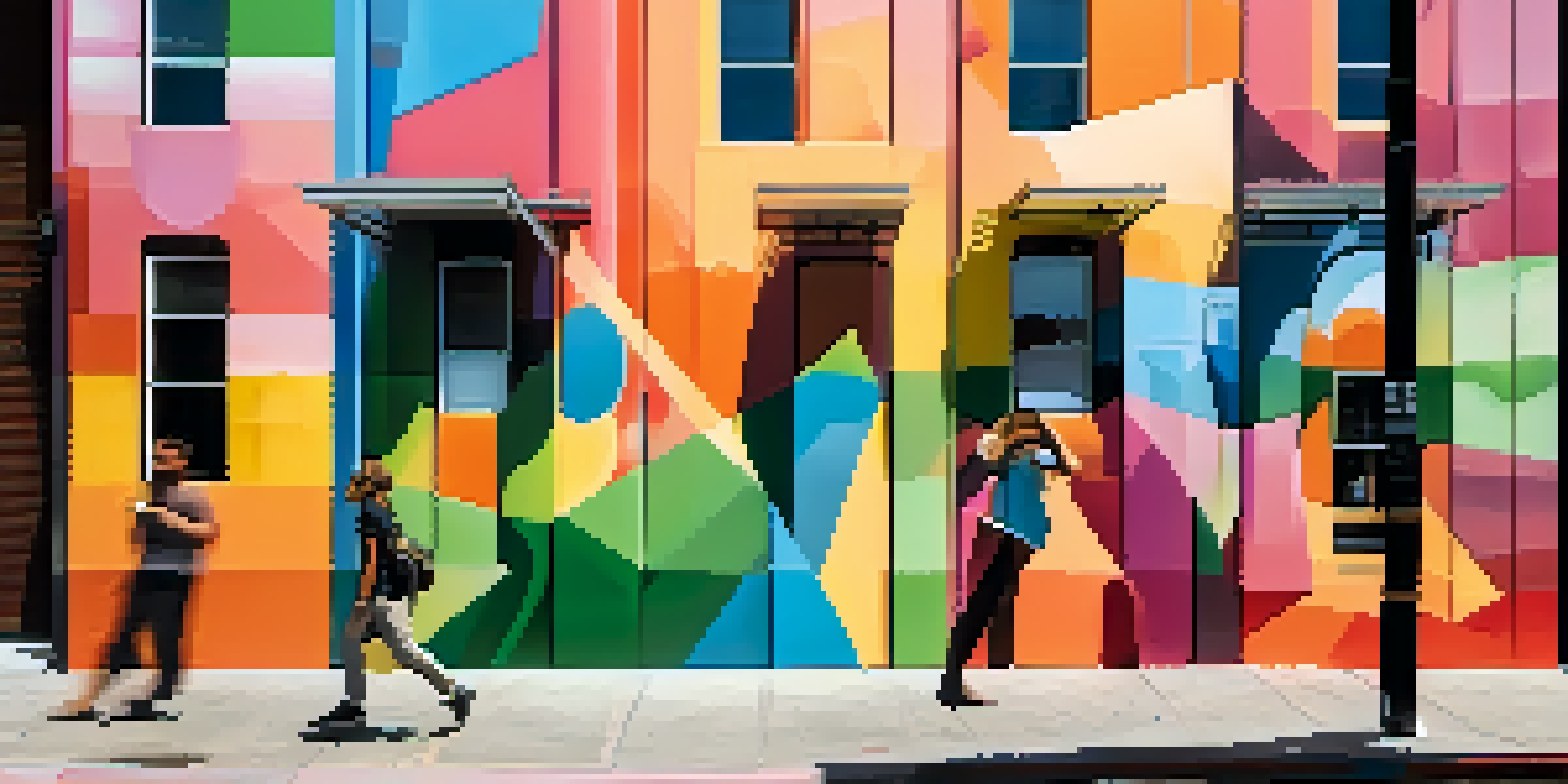 A colorful street art mural in Los Angeles with geometric shapes and augmented reality elements, under warm afternoon sunlight.