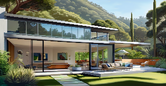 A mid-century modern home surrounded by greenery with large windows and a concrete patio, set against the Hollywood Hills.