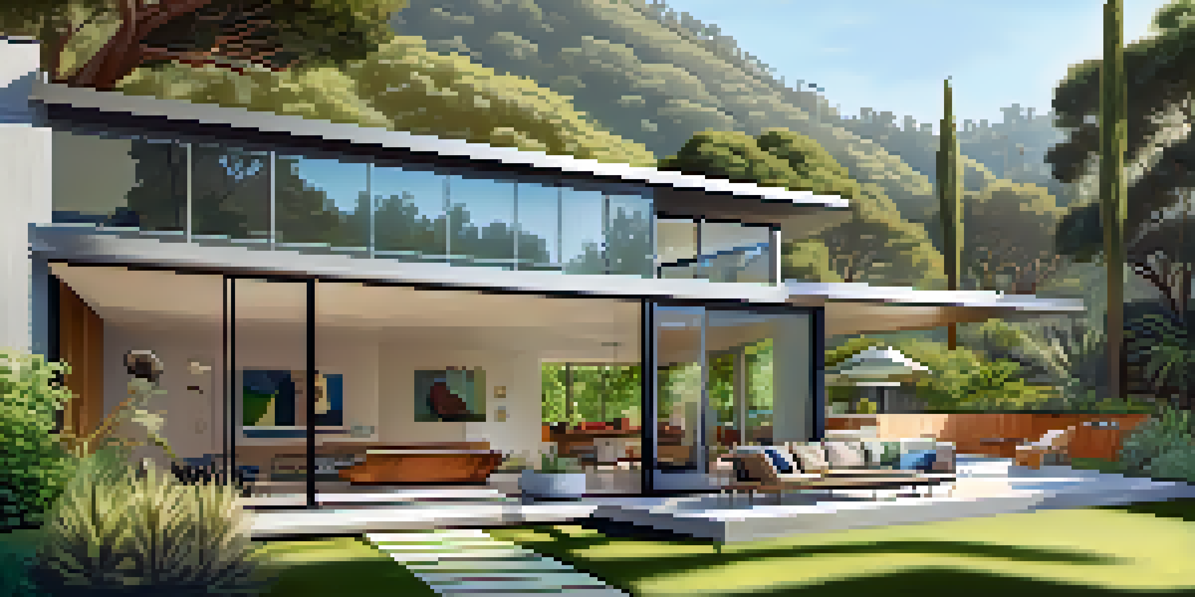 A mid-century modern home surrounded by greenery with large windows and a concrete patio, set against the Hollywood Hills.