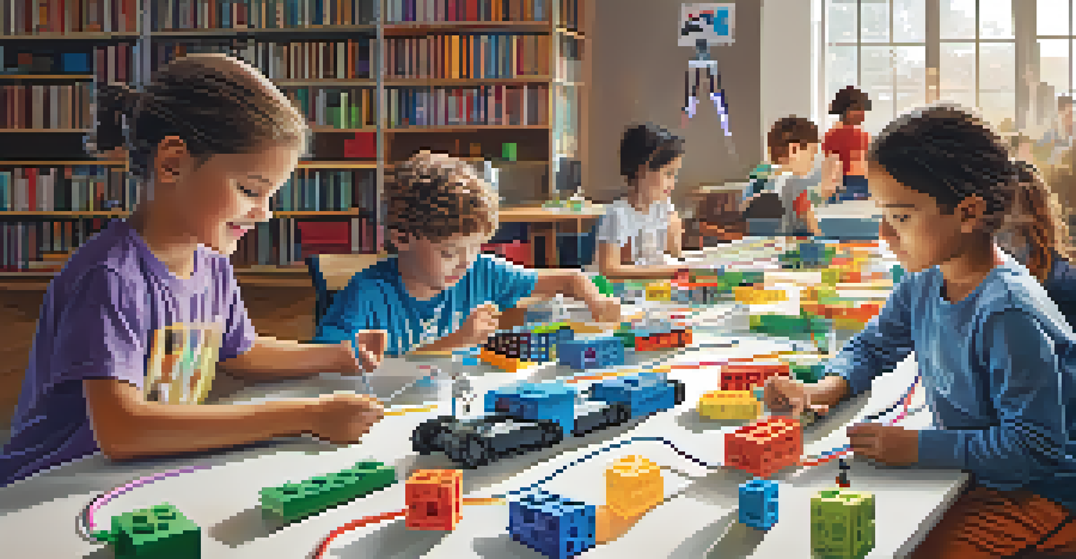 Children collaborating on a robotics project in a library workshop.