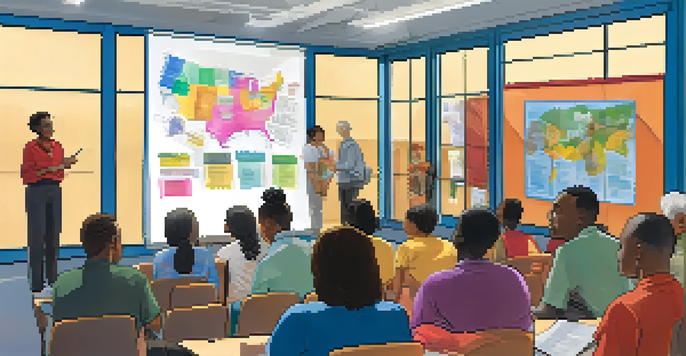 A diverse group of people participating in a civic education workshop in a bright community center.