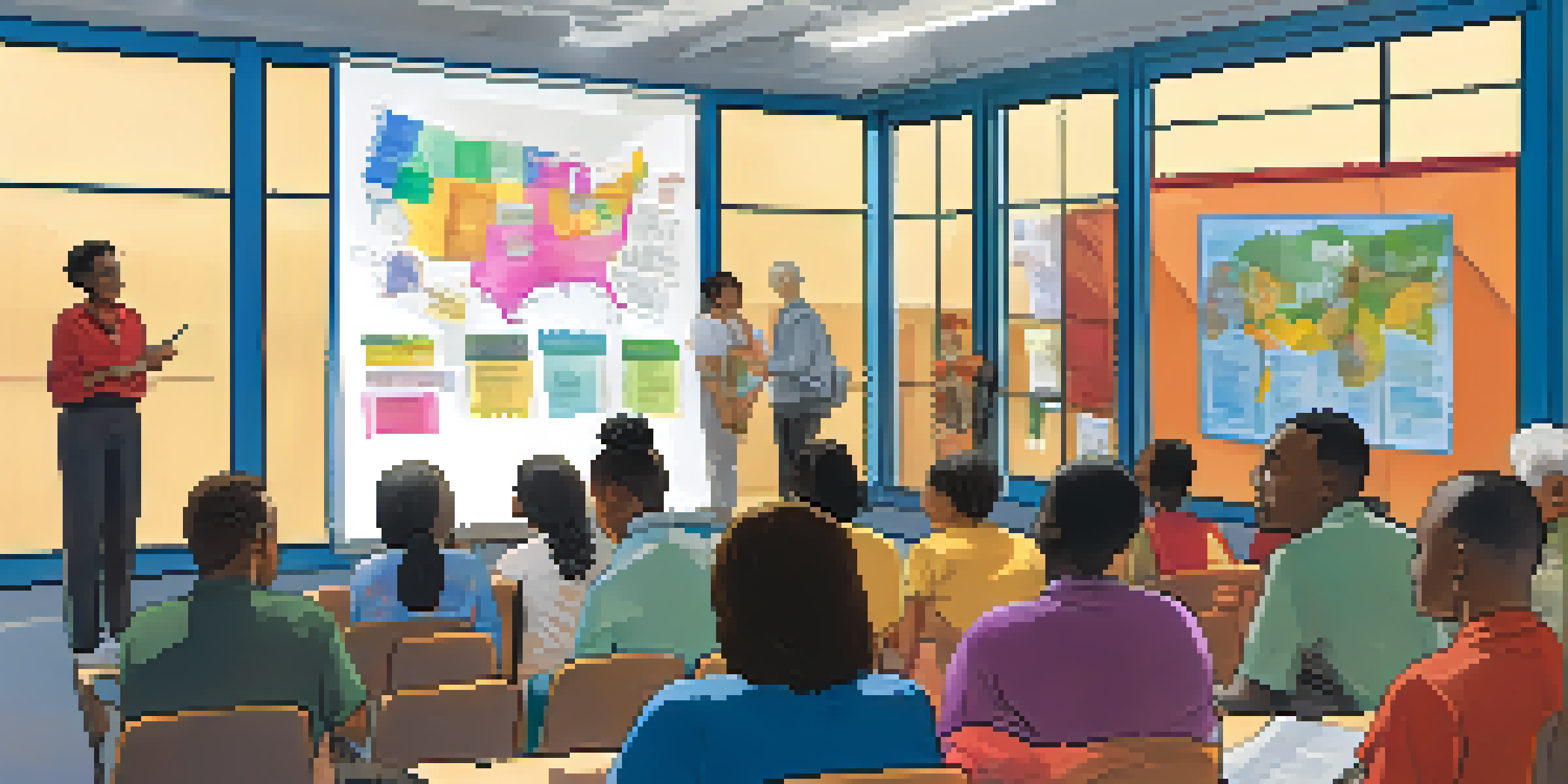 A diverse group of people participating in a civic education workshop in a bright community center.
